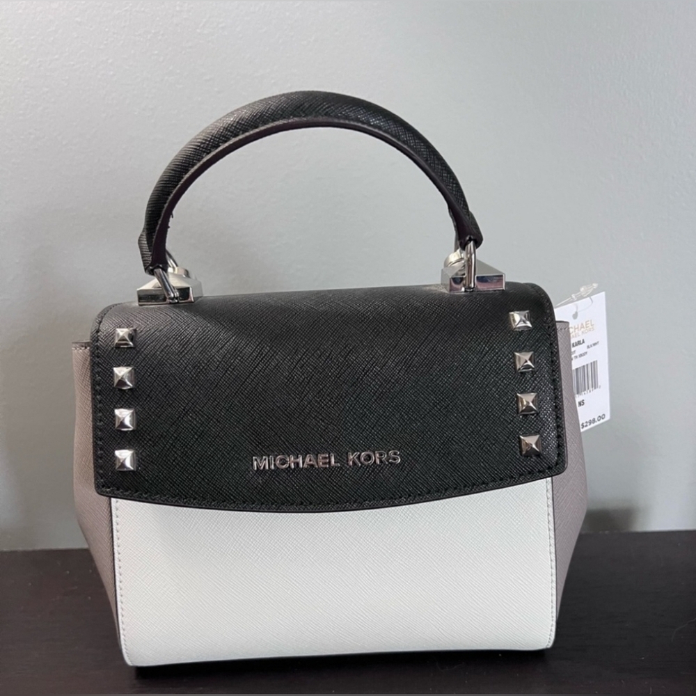Michael Kors MK Karla Black Studded White Mini Convertible Crossbody Purse Bag - Picture 2 of 4